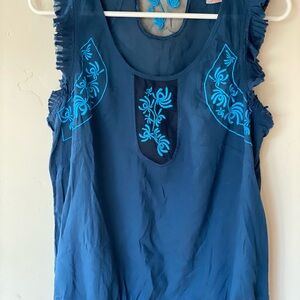 Free People Sleeveless Blue Embroidered Scoop Neck Top